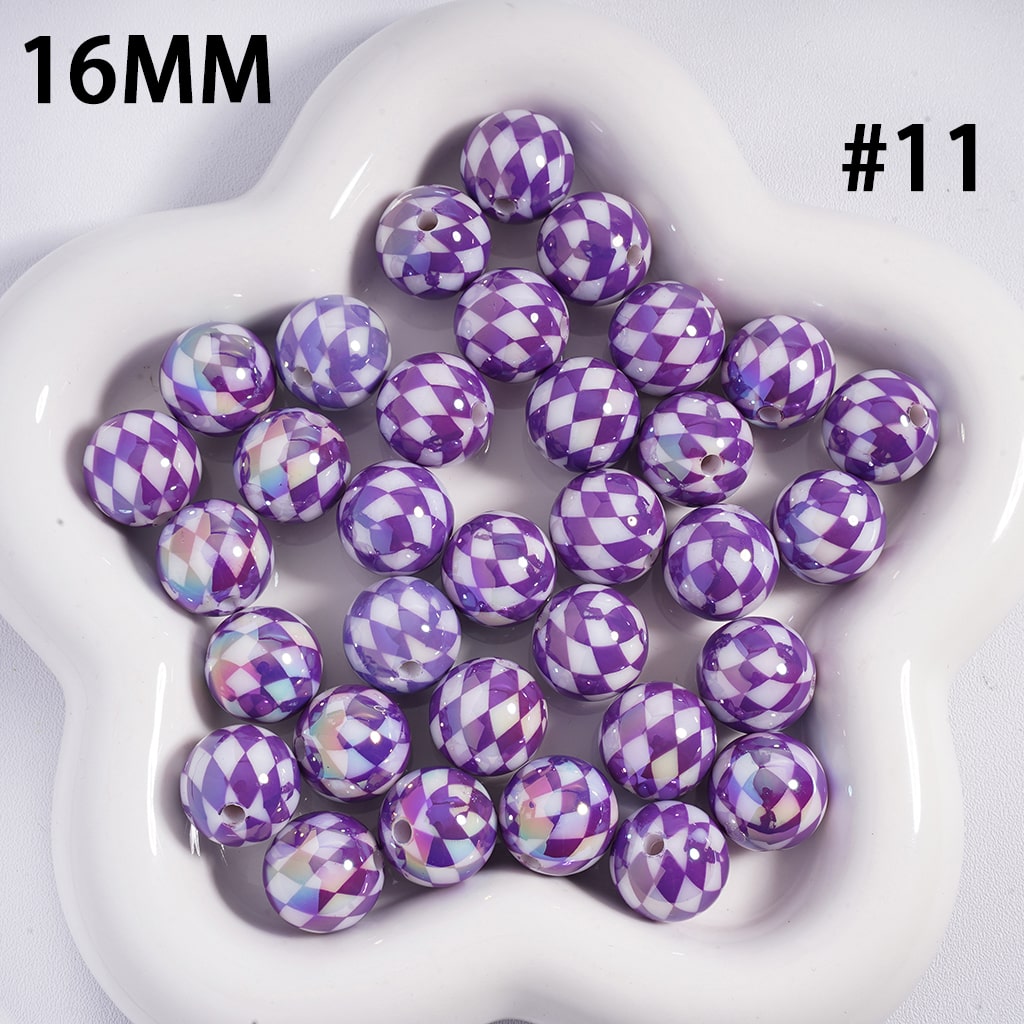 UV Coated Colorful Rhombus Checkered Pattern Round Shape Acrylic Beads 16mm