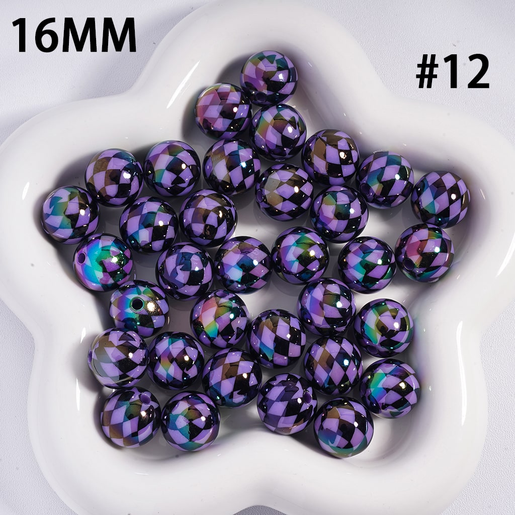 UV Coated Colorful Rhombus Checkered Pattern Round Shape Acrylic Beads 16mm
