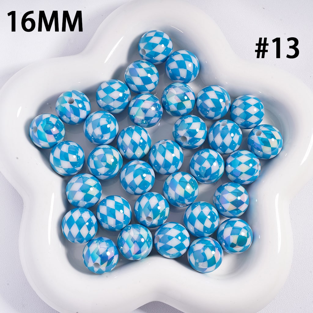 UV Coated Colorful Rhombus Checkered Pattern Round Shape Acrylic Beads 16mm