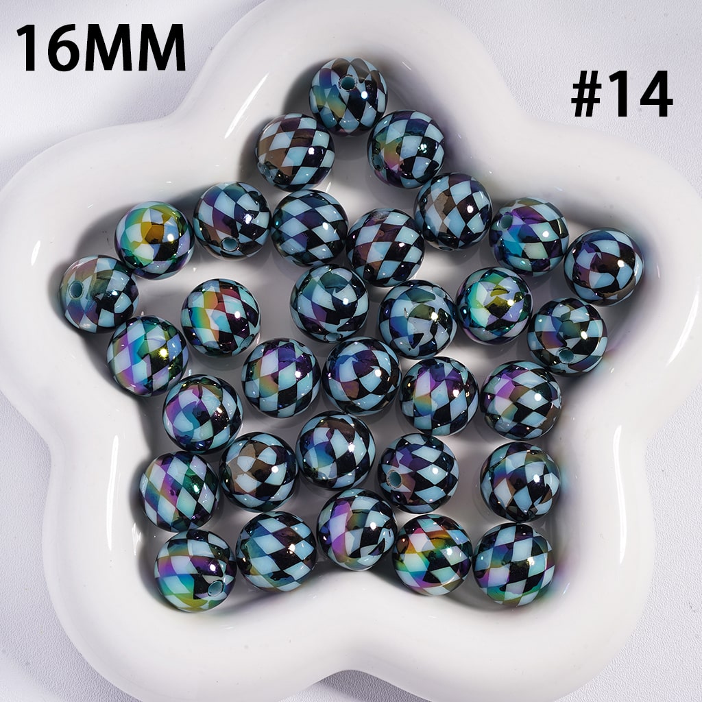 UV Coated Colorful Rhombus Checkered Pattern Round Shape Acrylic Beads 16mm