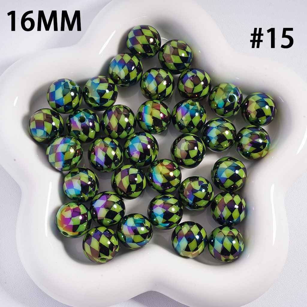 UV Coated Colorful Rhombus Checkered Pattern Round Shape Acrylic Beads 16mm
