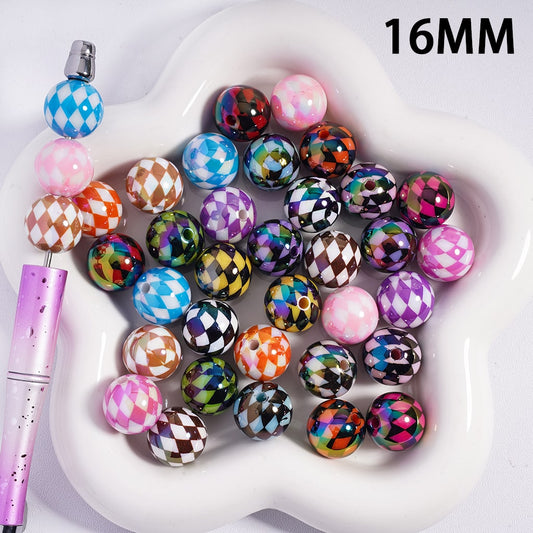 UV Coated Colorful Rhombus Checkered Pattern Round Shape Acrylic Beads 16mm