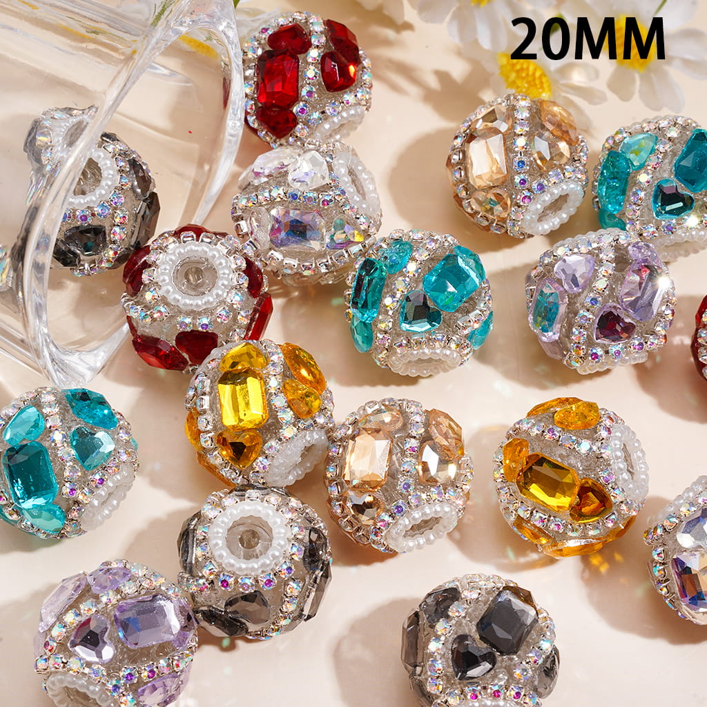Heart & Hexagon Rhinestones, Handmade Acrylic Beads Crystal Design & White Pearl Trim, 20MM, Random Mix