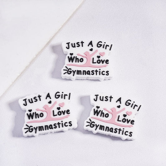 White Silicone Focal Beads with Black Text “Just A Girl Who Love Gymnastics” and Pink Heart Design