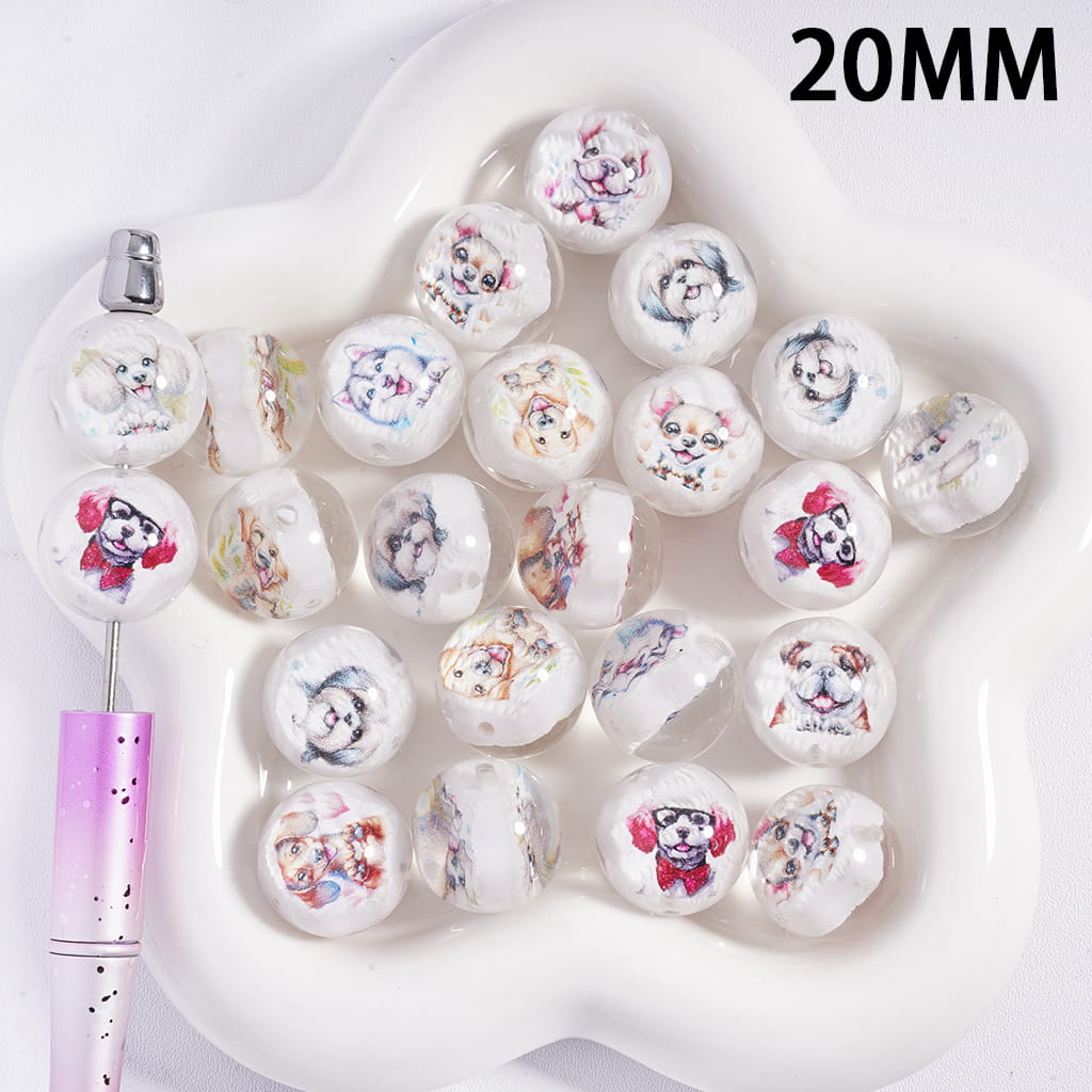 Dog Character Double Sided Print Embedded Inside Beads Translucent Round Acrylic Beads 20 MM Random Mix