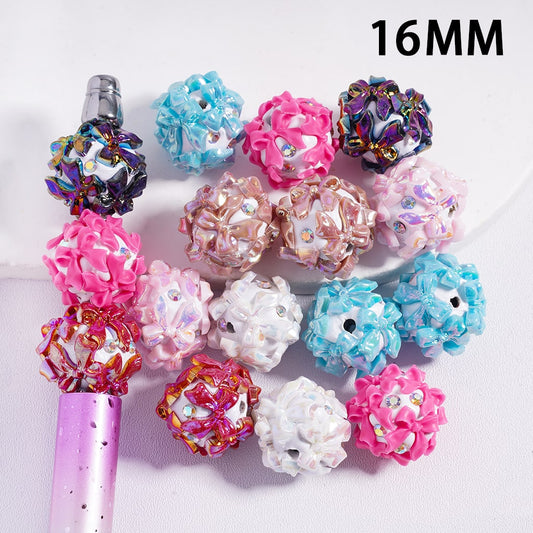 UV Coated Cute Bowtie with Sparkling AB Rhinestones Round Shape Clay Beads 16mm Mix
