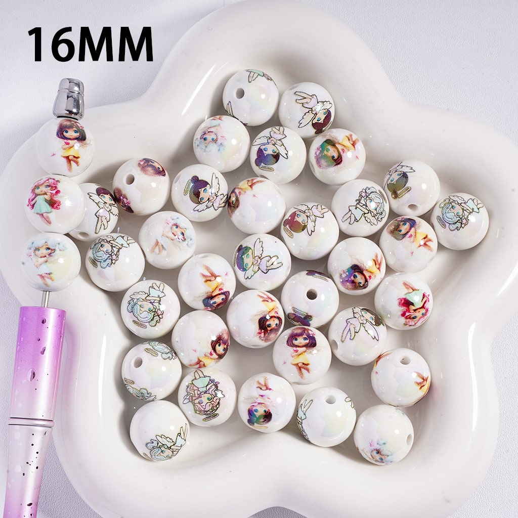 UV Coated Angel Baby Girl Character Series Printed Round Acrylic Beads for Bracelet 16MM, Random Mix