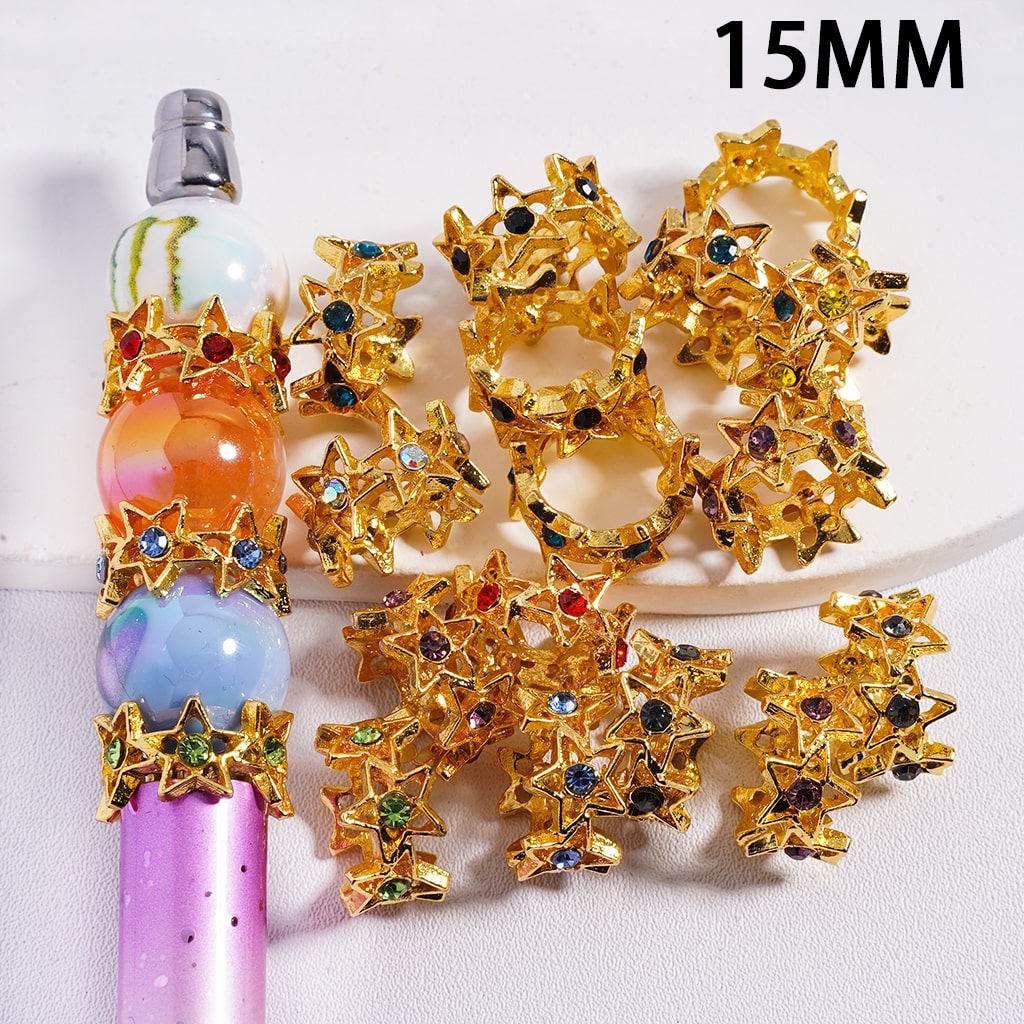 Gold jewelry with gemstones on a white background, featuring '15MM' text.