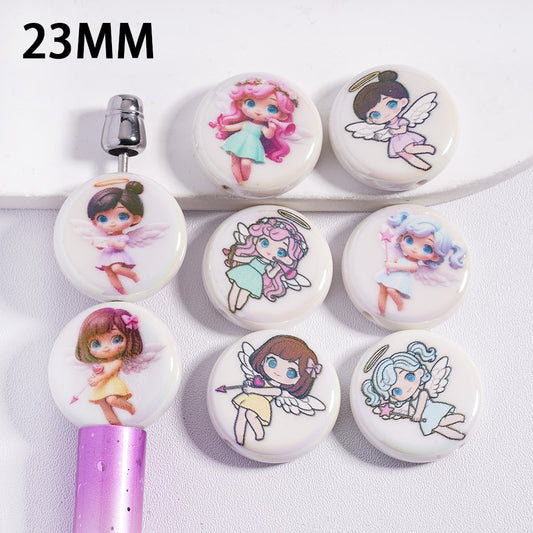 UV Coating Angel Baby Girl Character Series Print Flat Round Shape White Acrylic Beads 16mm Random Mix