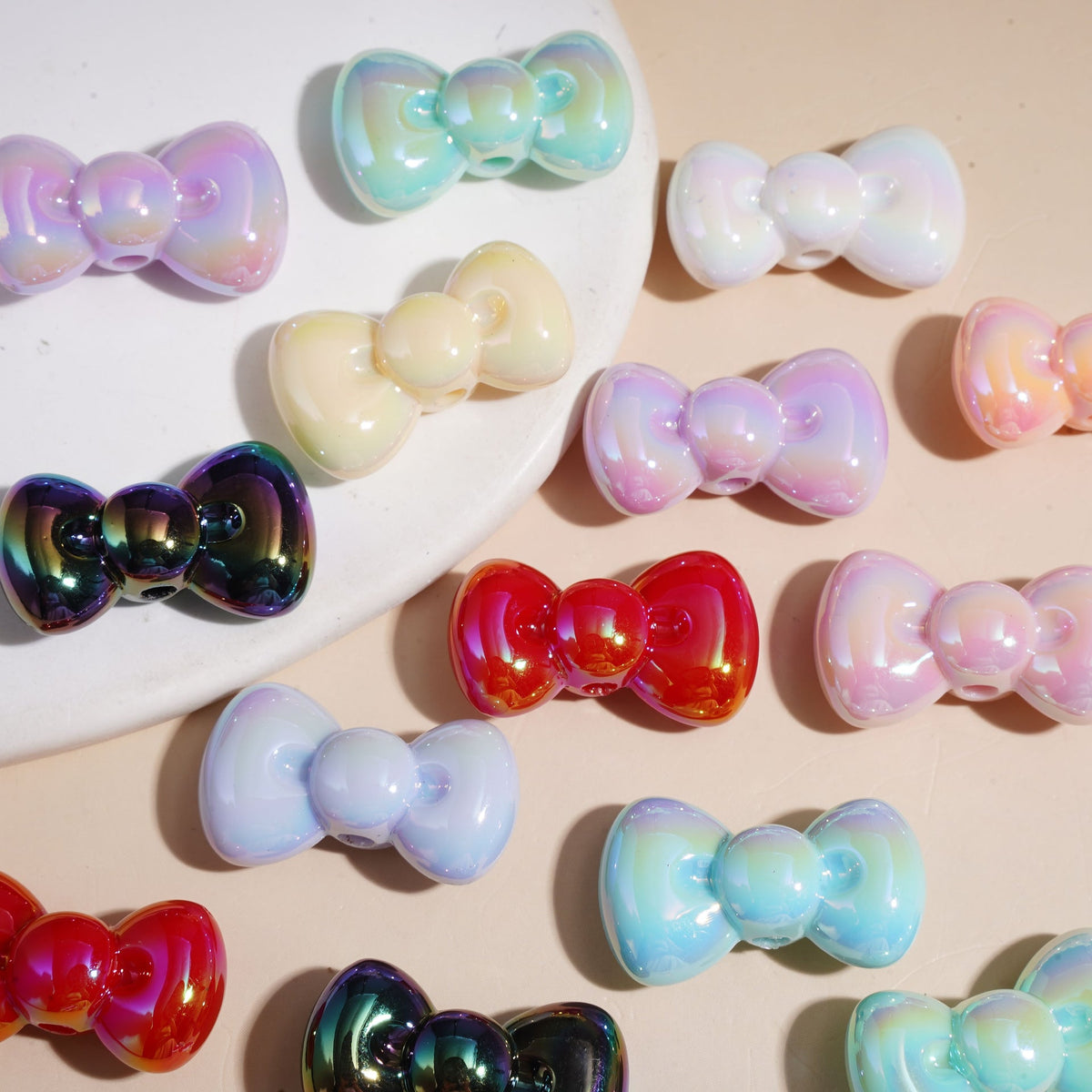 UV-Coated Cute Bowtie Shaped Assorted Colors Acrylic Beads, 17*26MM Random Mix