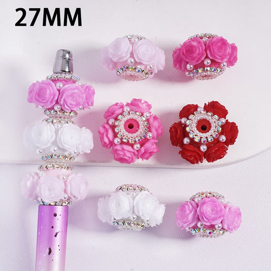 Rose Flowers with Multi-Color AB Rhinestone and White Pearl Chains, Valentine's Day Theme 27MM Random Mix