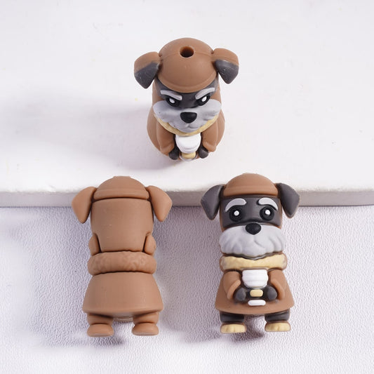 3D Schnauzer Dog Wearing a Brown Hat and Clothes Holding Coffee Cup Silicone Focal Beads