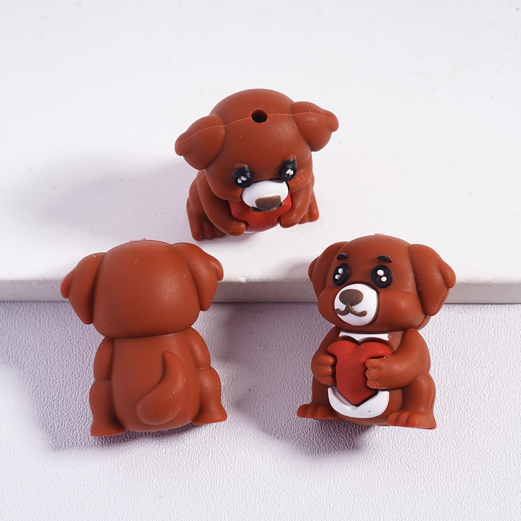3D Multi‑Color Cute Dog Holding Red Heart Silicone Focal Beads