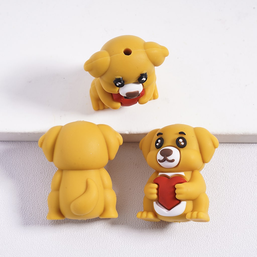 3D Multi‑Color Cute Dog Holding Red Heart Silicone Focal Beads