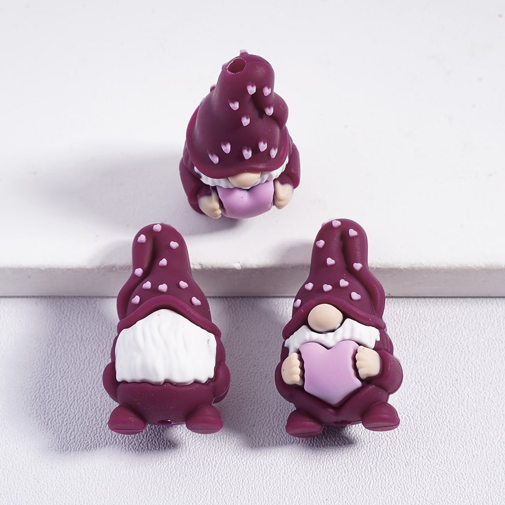 3D Multi Color Cute Gnome Elf Holding Pink Heart Silicone Focal Beads