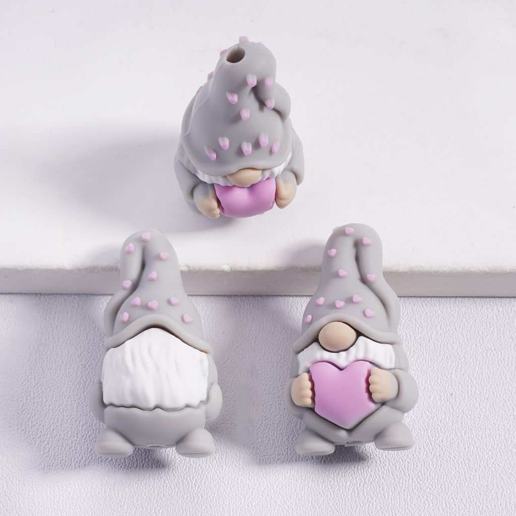 3D Multi Color Cute Gnome Elf Holding Pink Heart Silicone Focal Beads