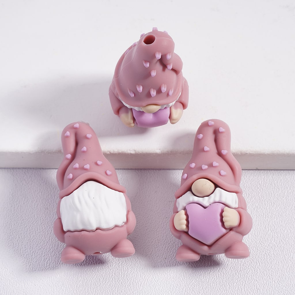 3D Multi Color Cute Gnome Elf Holding Pink Heart Silicone Focal Beads