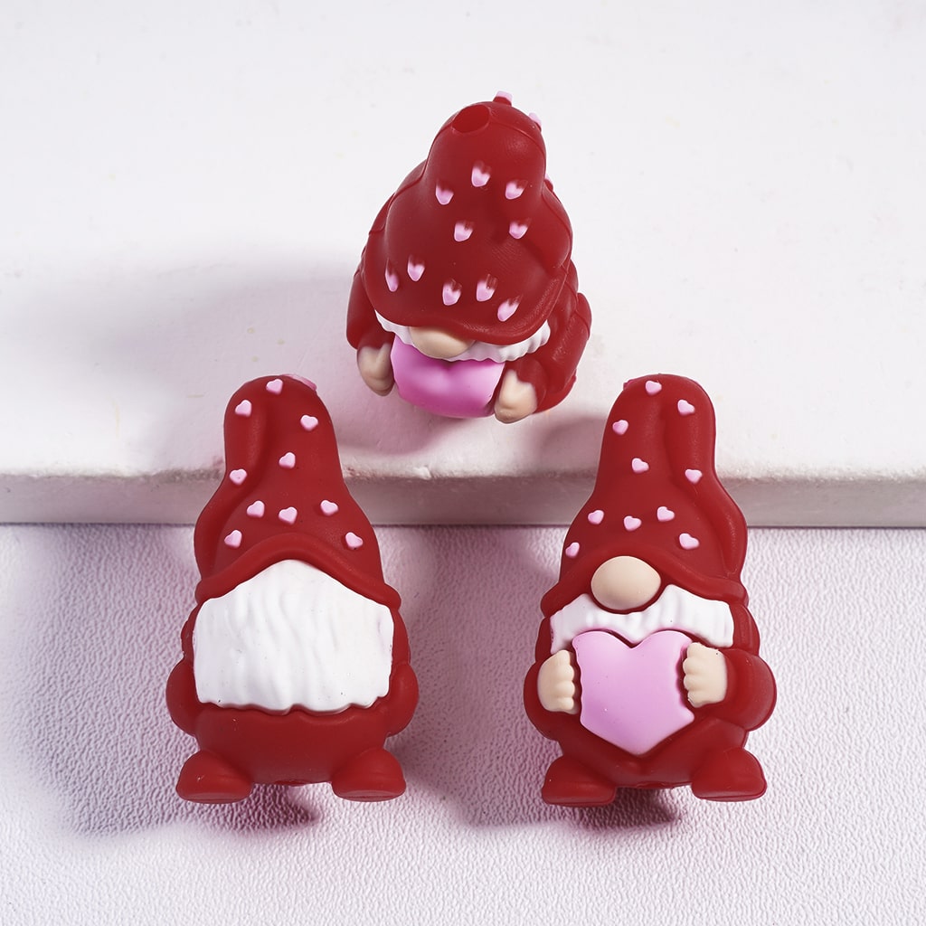3D Multi Color Cute Gnome Elf Holding Pink Heart Silicone Focal Beads