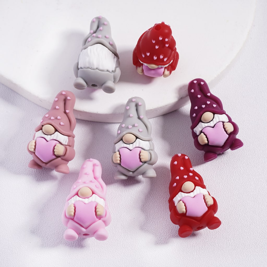 3D Multi Color Cute Gnome Elf Holding Pink Heart Silicone Focal Beads