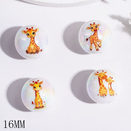 UV-Coated Adorable Giraffe Character Series printed Round Acrylic Beads for Bracelets, 16MM, Random Mix