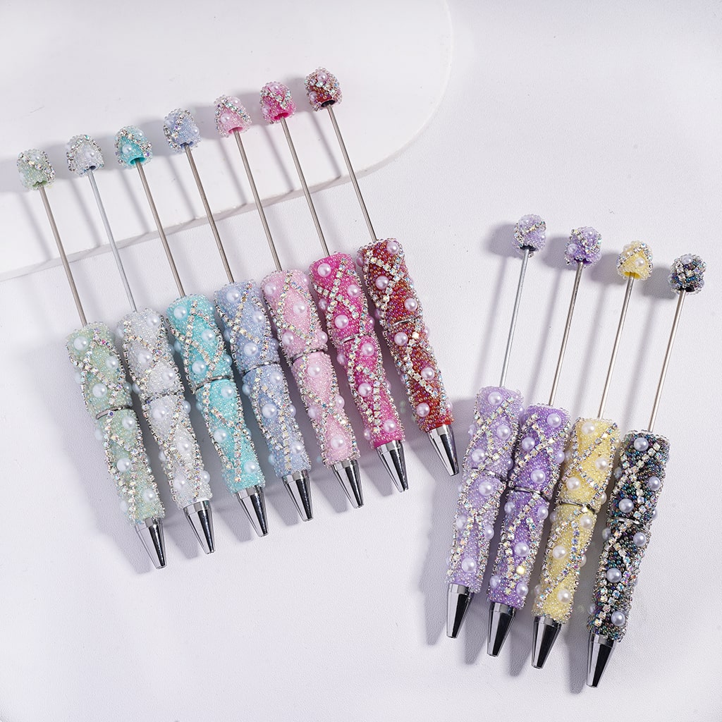 Beadable Pen with Multi‑Color X‑Stripe Design Bubble Beads, AB Rhinestone Chains & Pearl Accents
