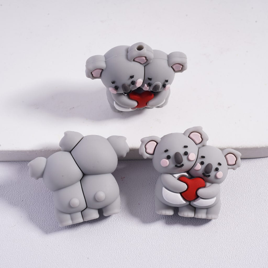 3D Cute Multi‑Color Couple Double Koala Holding Red Heart Silicone Focal Beads