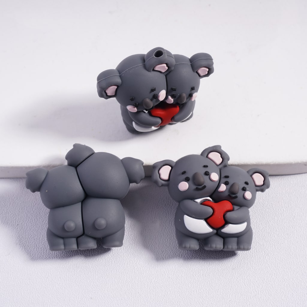 3D Cute Multi‑Color Couple Double Koala Holding Red Heart Silicone Focal Beads