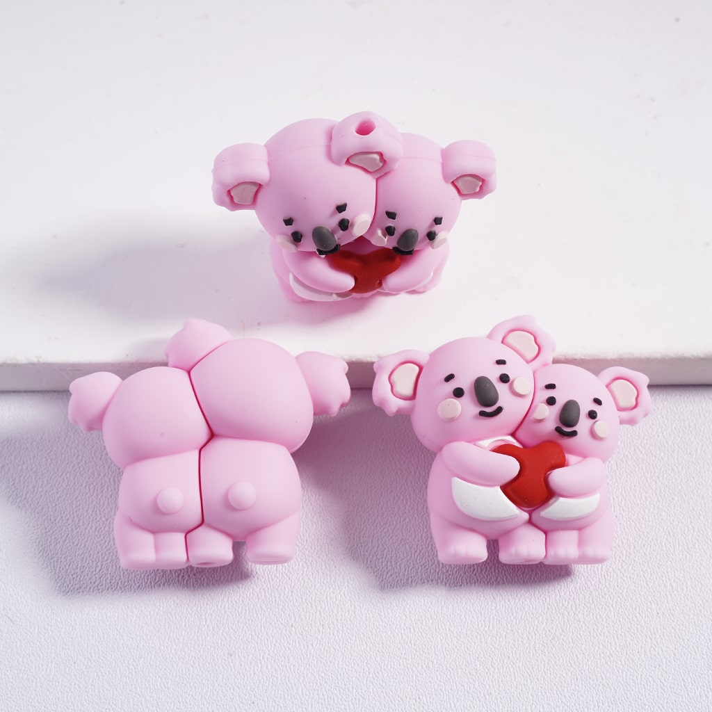 3D Cute Multi‑Color Couple Double Koala Holding Red Heart Silicone Focal Beads