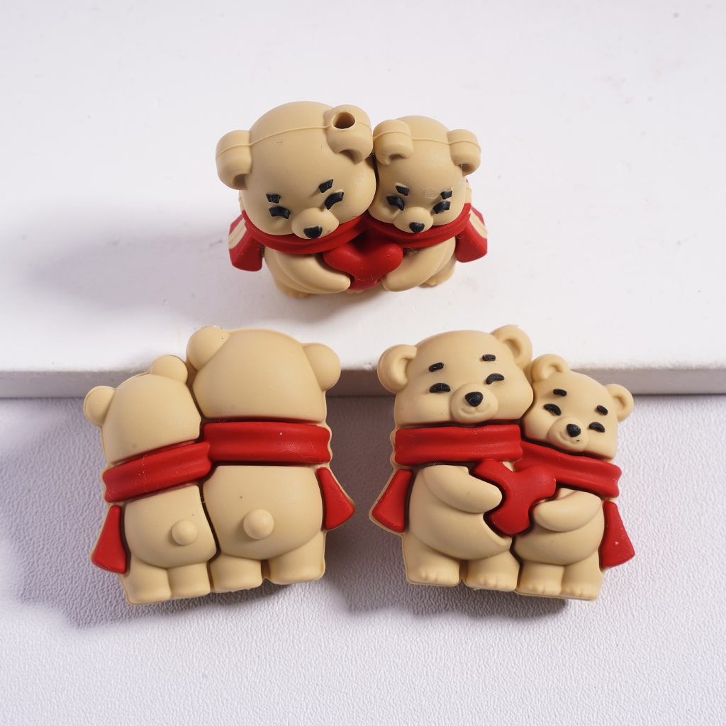 3D Cute Multi‑Color Two Bears Wearing Red Scarf Holding Red Heart Silicone Focal Beads
