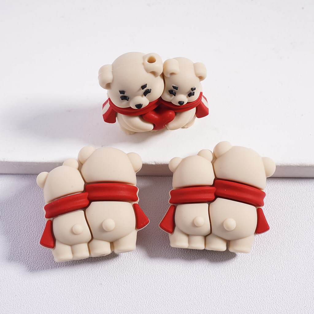 3D Cute Multi‑Color Two Bears Wearing Red Scarf Holding Red Heart Silicone Focal Beads