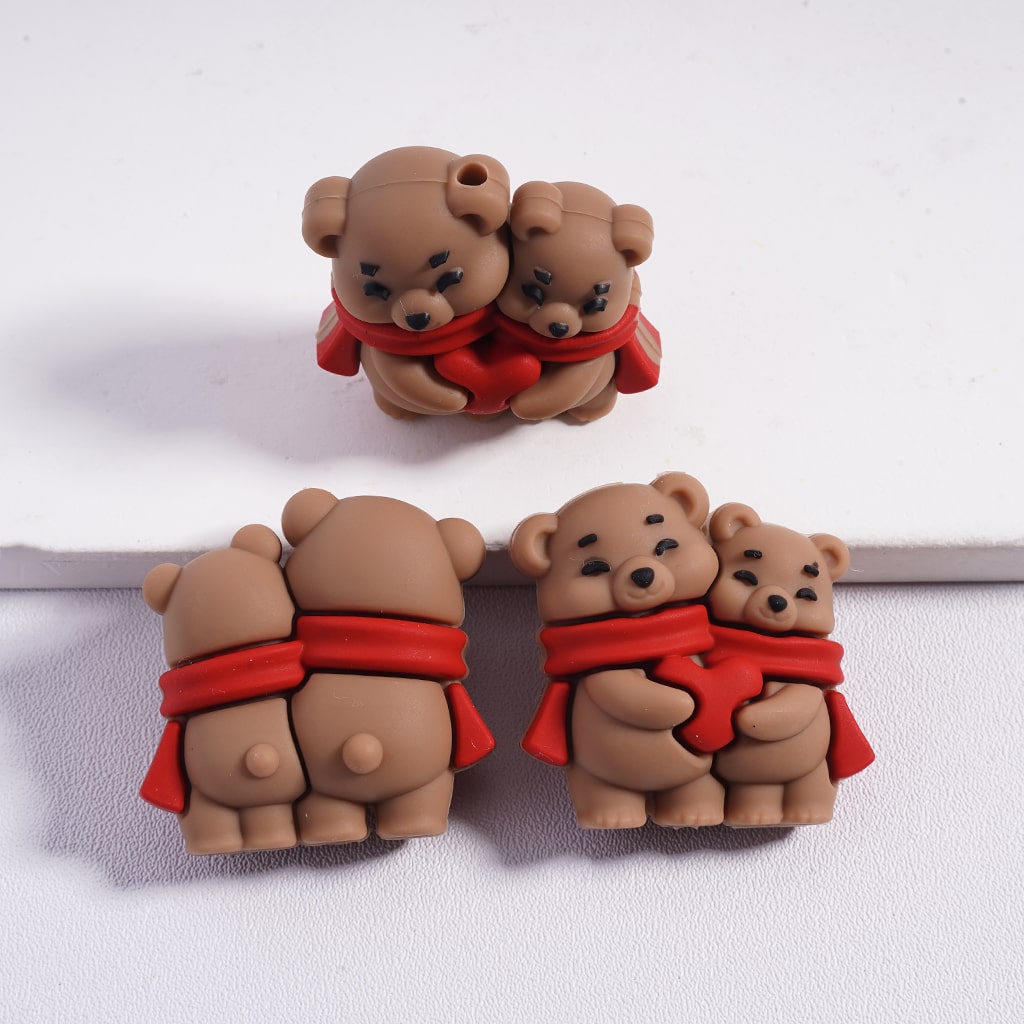 3D Cute Multi‑Color Two Bears Wearing Red Scarf Holding Red Heart Silicone Focal Beads