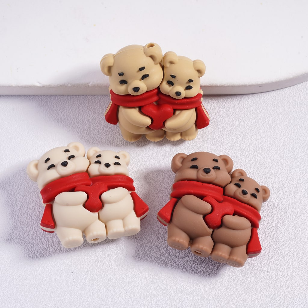 3D Cute Multi‑Color Two Bears Wearing Red Scarf Holding Red Heart Silicone Focal Beads
