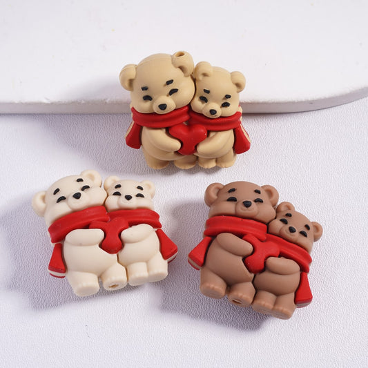 3D Cute Multi‑Color Two Bears Wearing Red Scarf Holding Red Heart Silicone Focal Beads