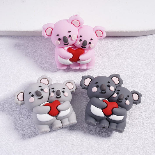 3D Cute Multi‑Color Couple Double Koala Holding Red Heart Silicone Focal Beads