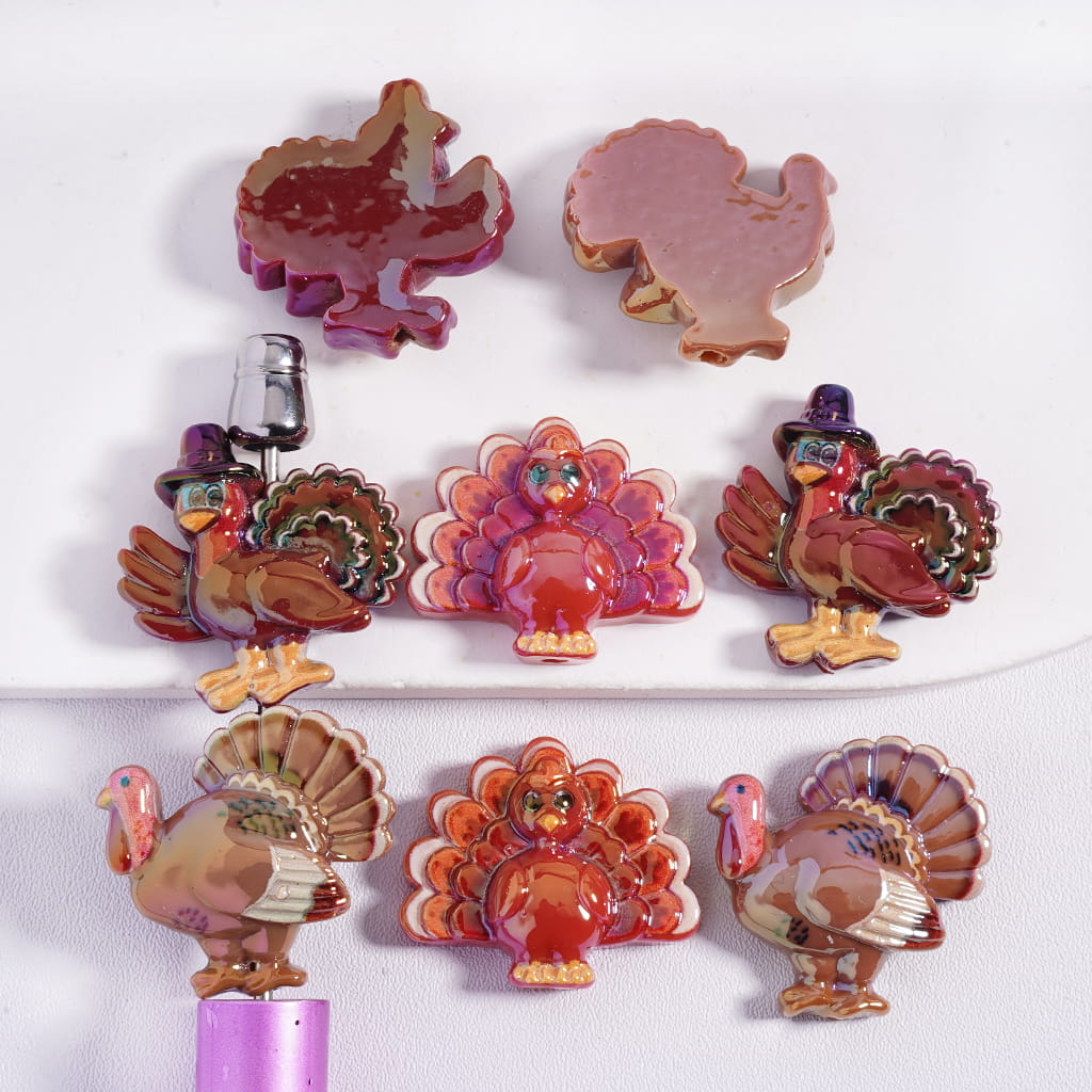 UV‑Coated Thanksgiving Day, Turkey Series Flat Back Acrylic Beads Random Mix