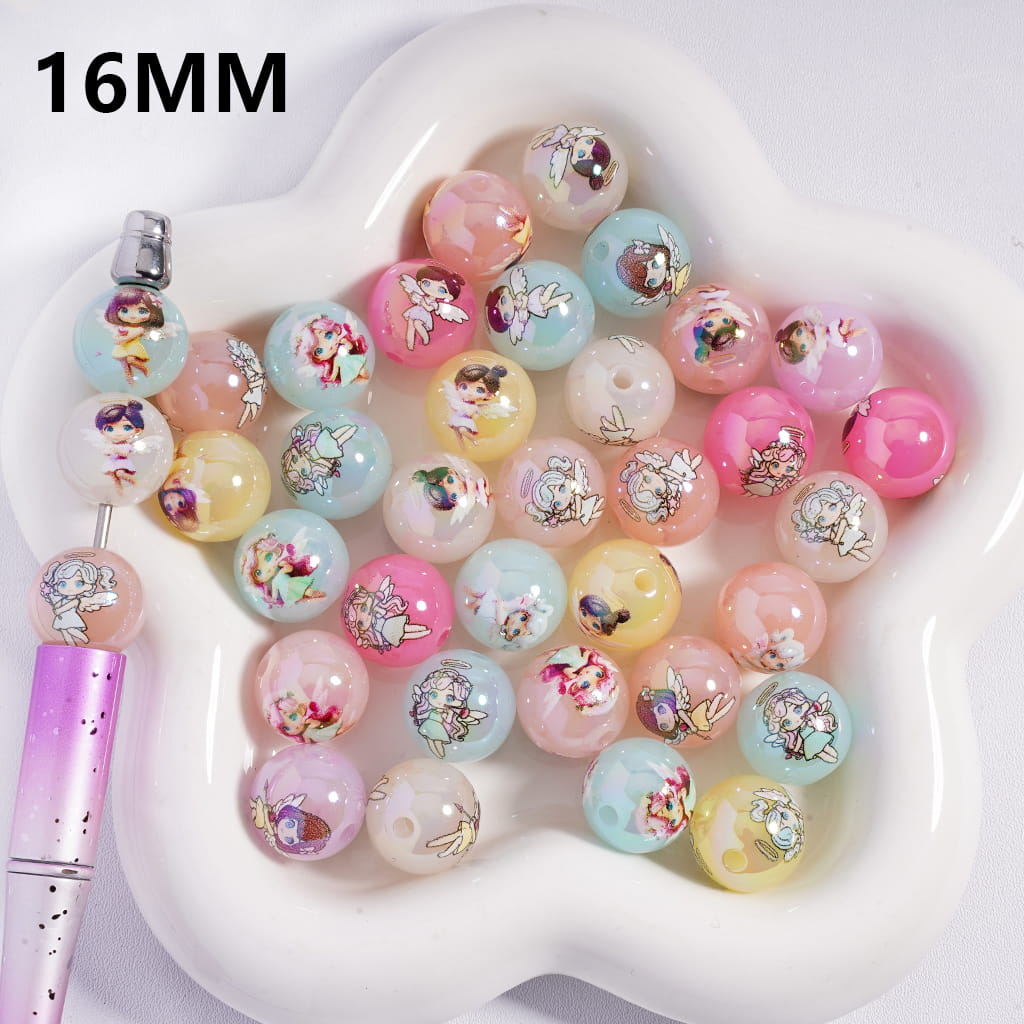 UV Coated Angel Baby Girl Print Candy Color Round Acrylic Beads Random Mix