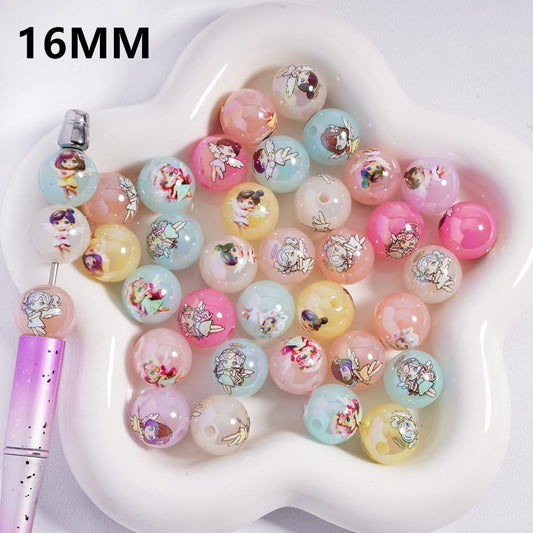 UV Coated Angel Baby Girl Print Candy Color Round Acrylic Beads Random Mix