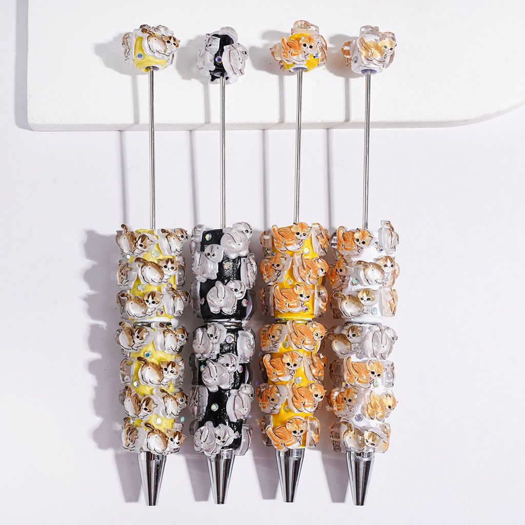 Adorable Cat Character with Sparkling AB Rhinestone Beadable Clay Pens, Multi-Color