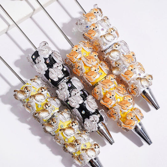 Adorable Cat Character with Sparkling AB Rhinestone Beadable Clay Pens, Multi-Color