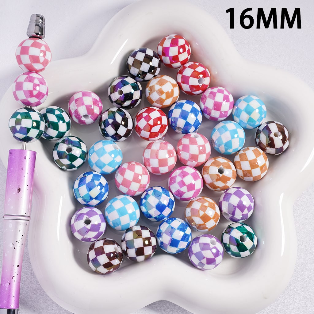 UV Coating Square Checkered, Multi-Color Acrylic Beads for Bracelets 16MM