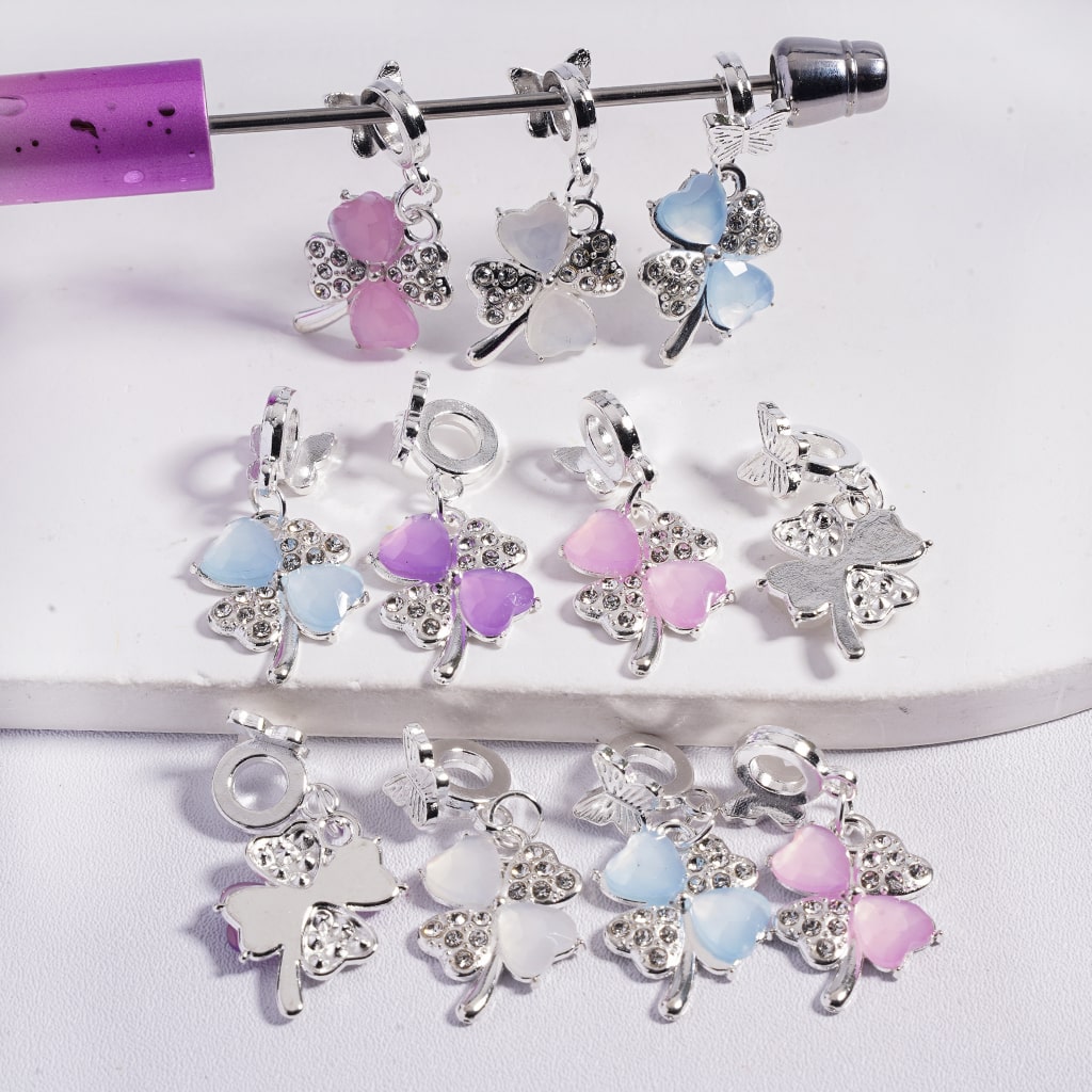 Silver Alloy Bail Beads with Multi‑Color Heart Shape Rhinestones, Butterfly and Four‑Leaf Clover Lucky Charm Random Mix