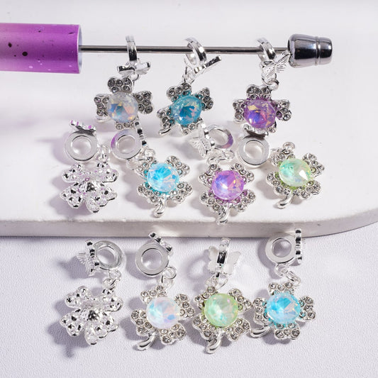 Lucky Butterfly & Clover Multi‑Color Round Shape Rhinestone Silver Alloy Bail Beads Random Mix