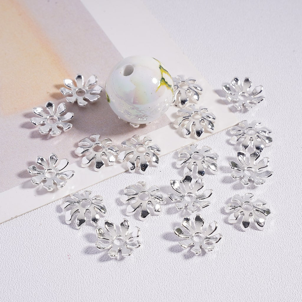 Silver Metal Eight‑Petal Flower Alloy Spacer Bead Cap 10MM, (They Fit 16MM Beads)