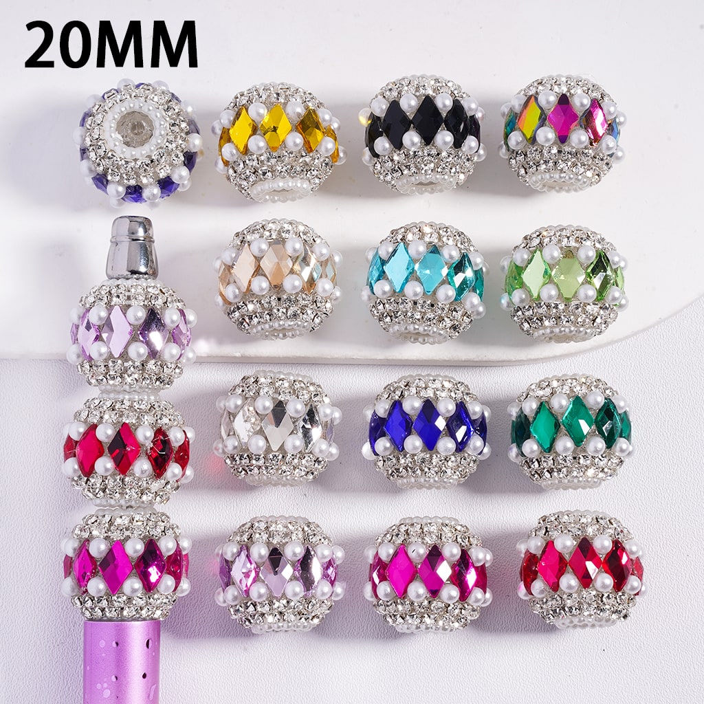 Colorful Rhombus Design and Clear Rhinestone, with White Pearl Chains, Acrylic Beads 20MM, Random Mix