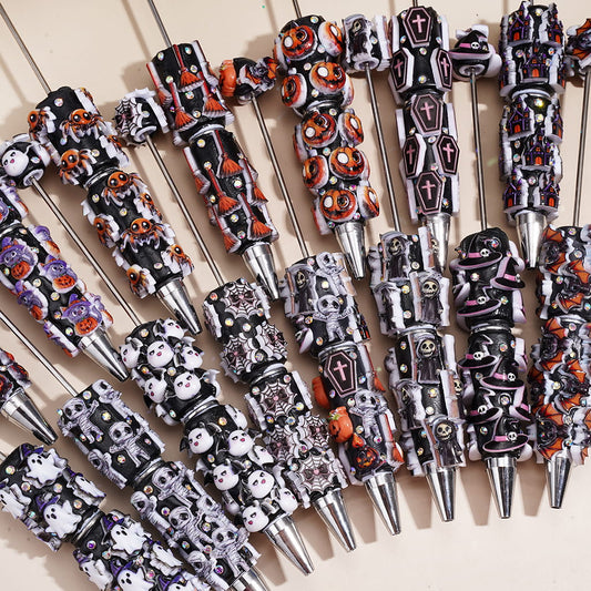 Creepy Horror Character Series with Sparkling Rhinestones & Black Base Halloween Theme, Various Style Beadable Clay Pen