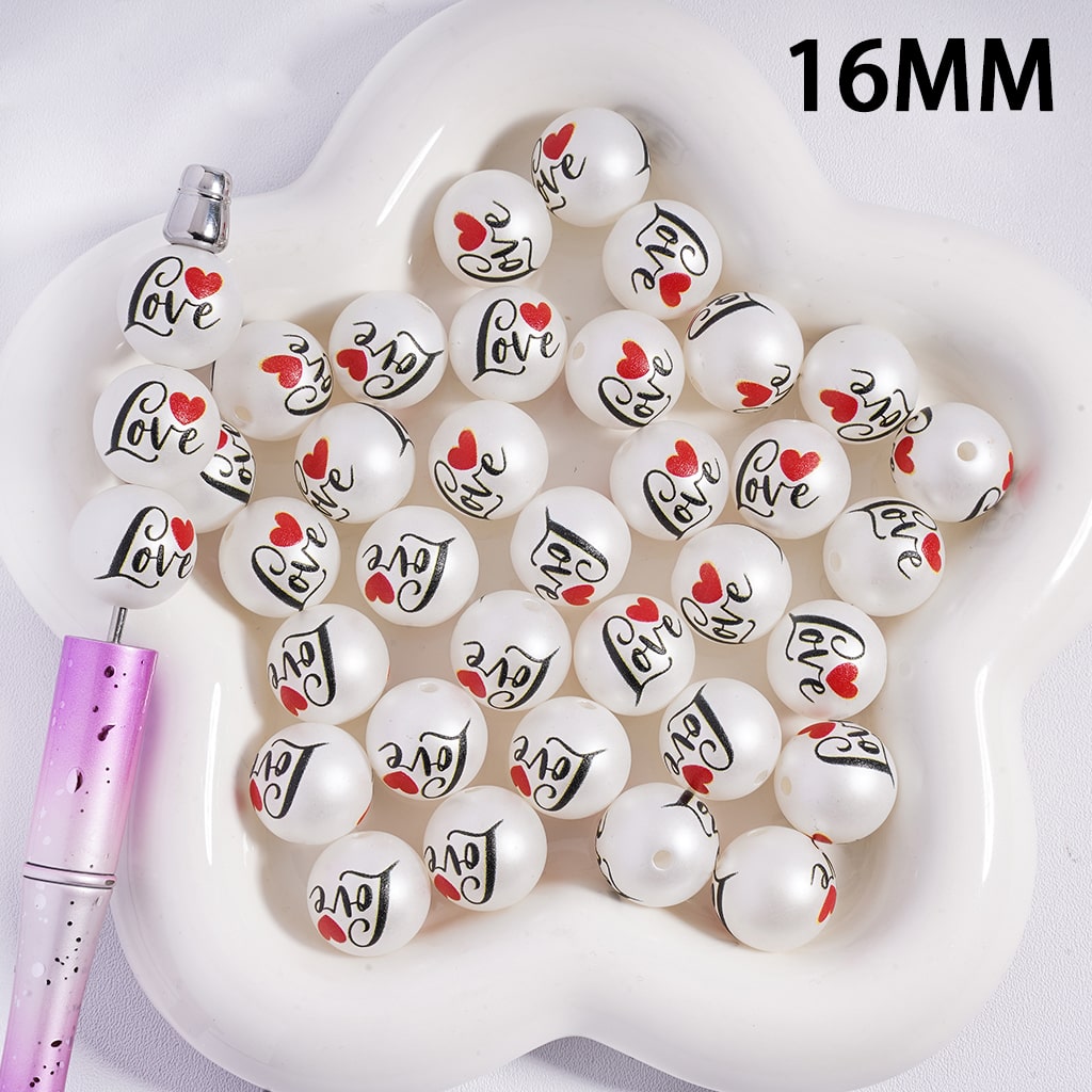 Valentine's Day Theme with Large Text "Love" and Red Heart Round Acrylic Beads for Bracelets 16MM