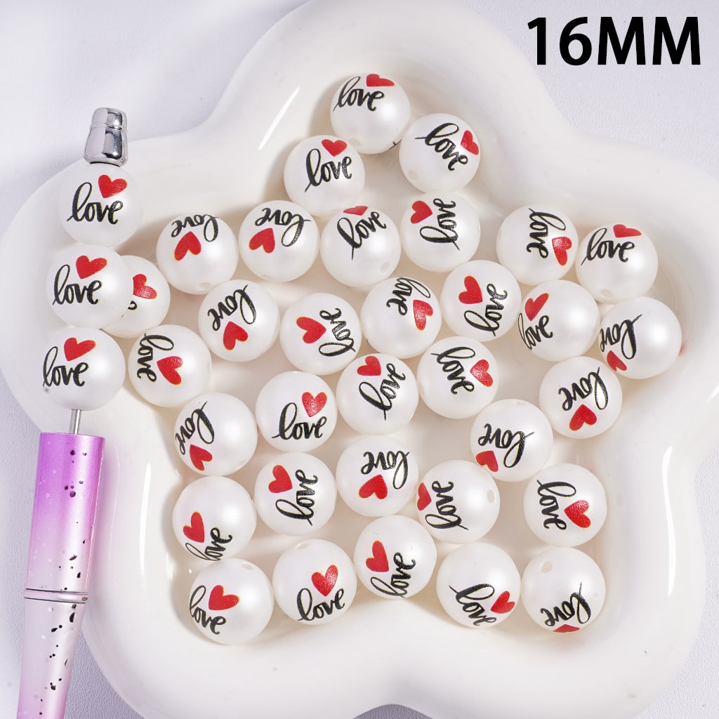 Valentine's Day Theme with Small Text "Love" and Red Heart Round Acrylic Beads for Bracelets 16MM