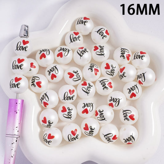 Valentine's Day Theme with Small Text "Love" and Red Heart Round Acrylic Beads for Bracelets 16MM