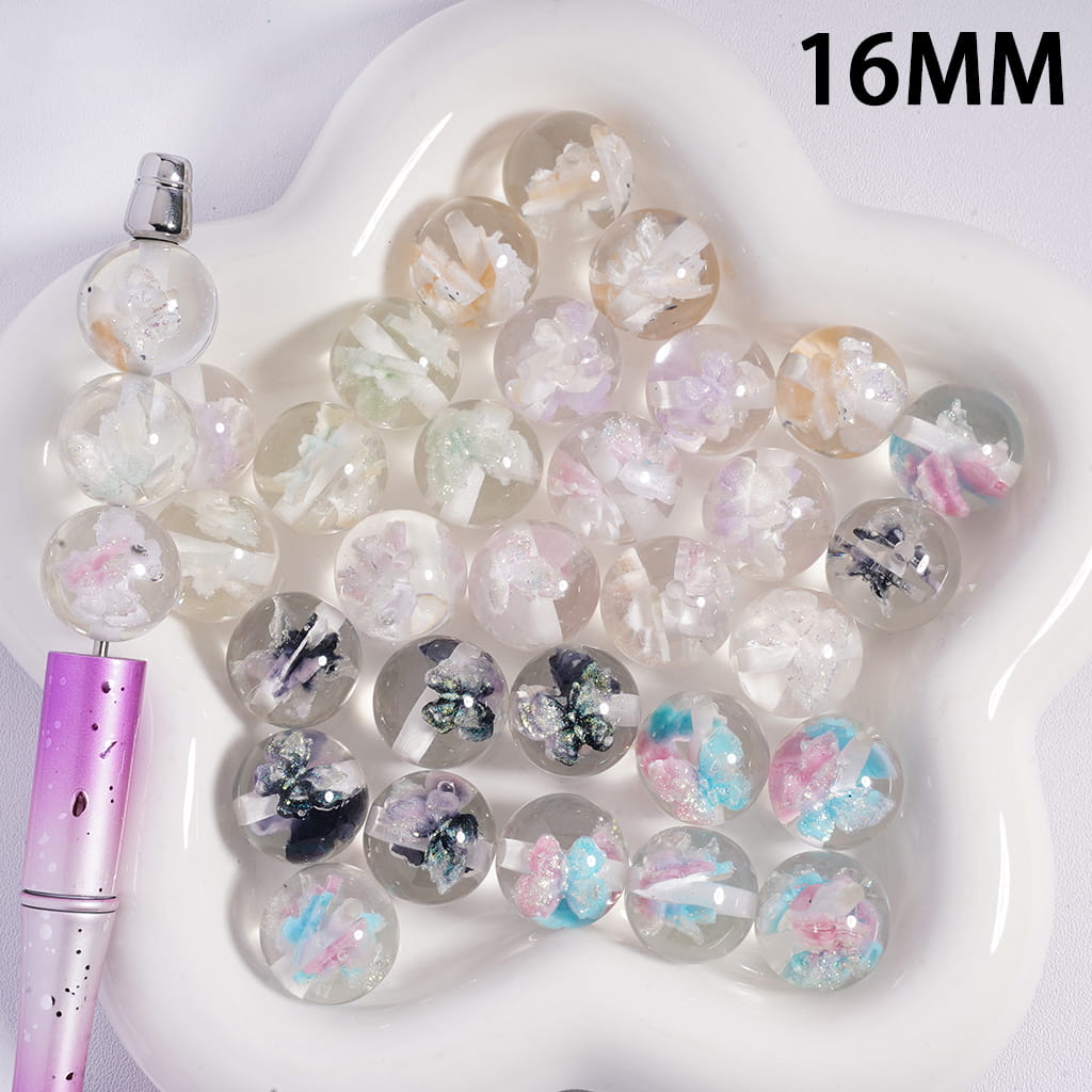 Double Glittery Multi-Color Butterflies Embedded Inside Bead, Round Acrylic Beads for Bracelets 16MM