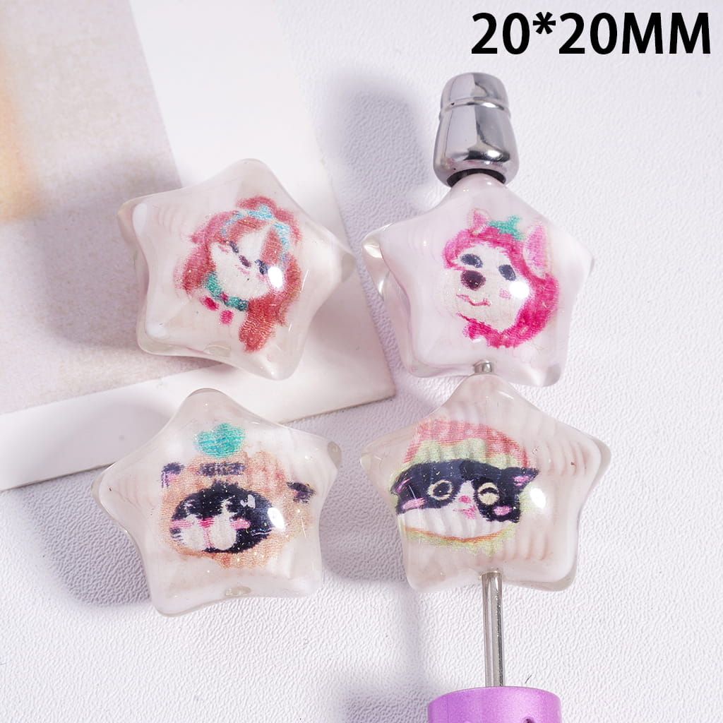 Five Pointed Star with Glitter and Dog Series Print Semi-Clear Star Shape Acrylic Beads 20*20MM Random Mix